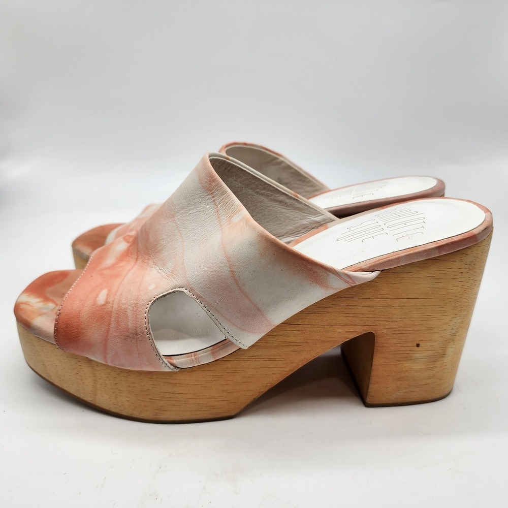 Charlotte Stone Nina Marbled Leather Platform Sandals Women's 9 Orange Wood Heel - Picture 6 of 13